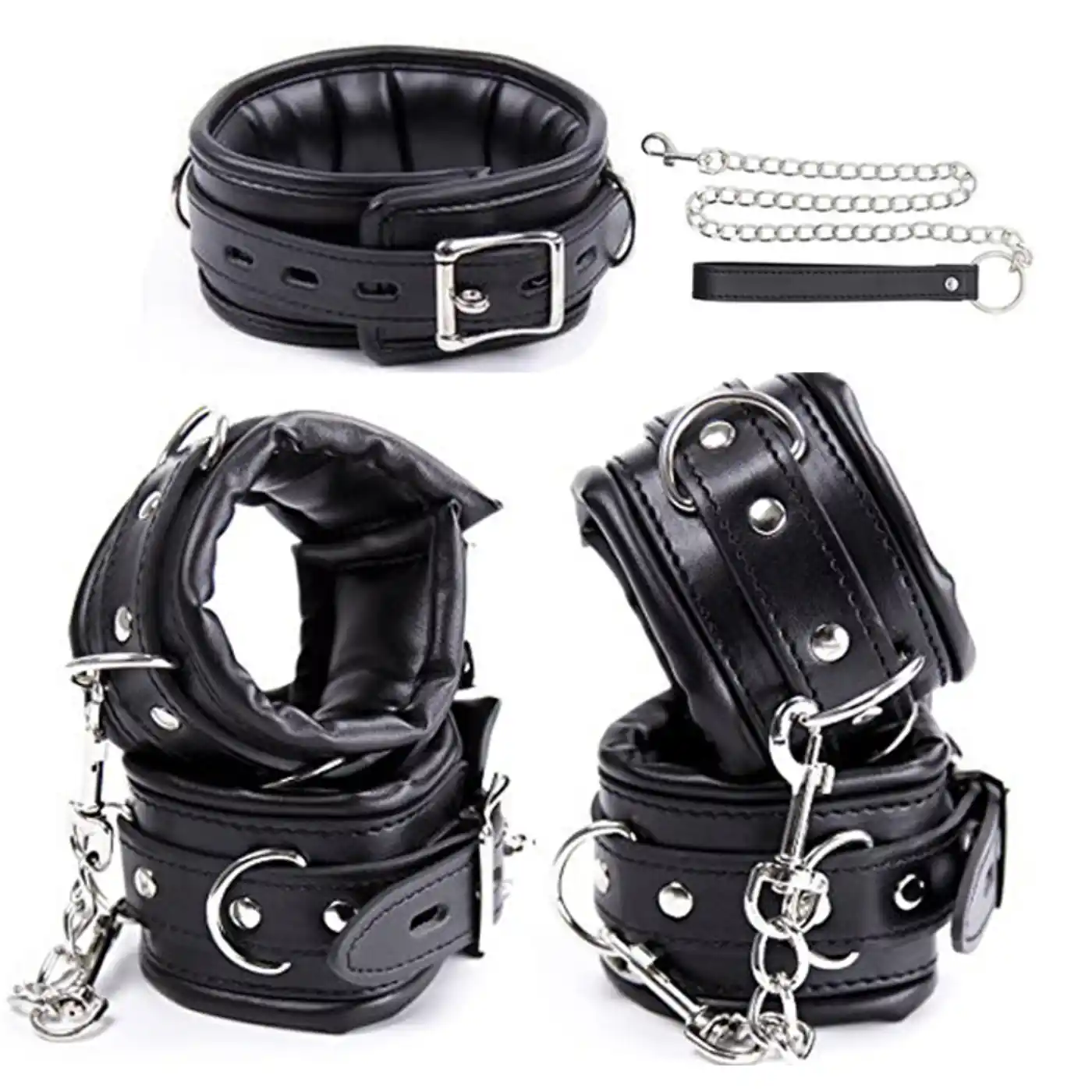 6 piece leather restraints kit for ankles wrists and neck for bdsm and bondage play